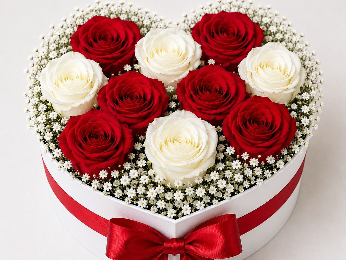 6 Red 4 White Roses Gift Box