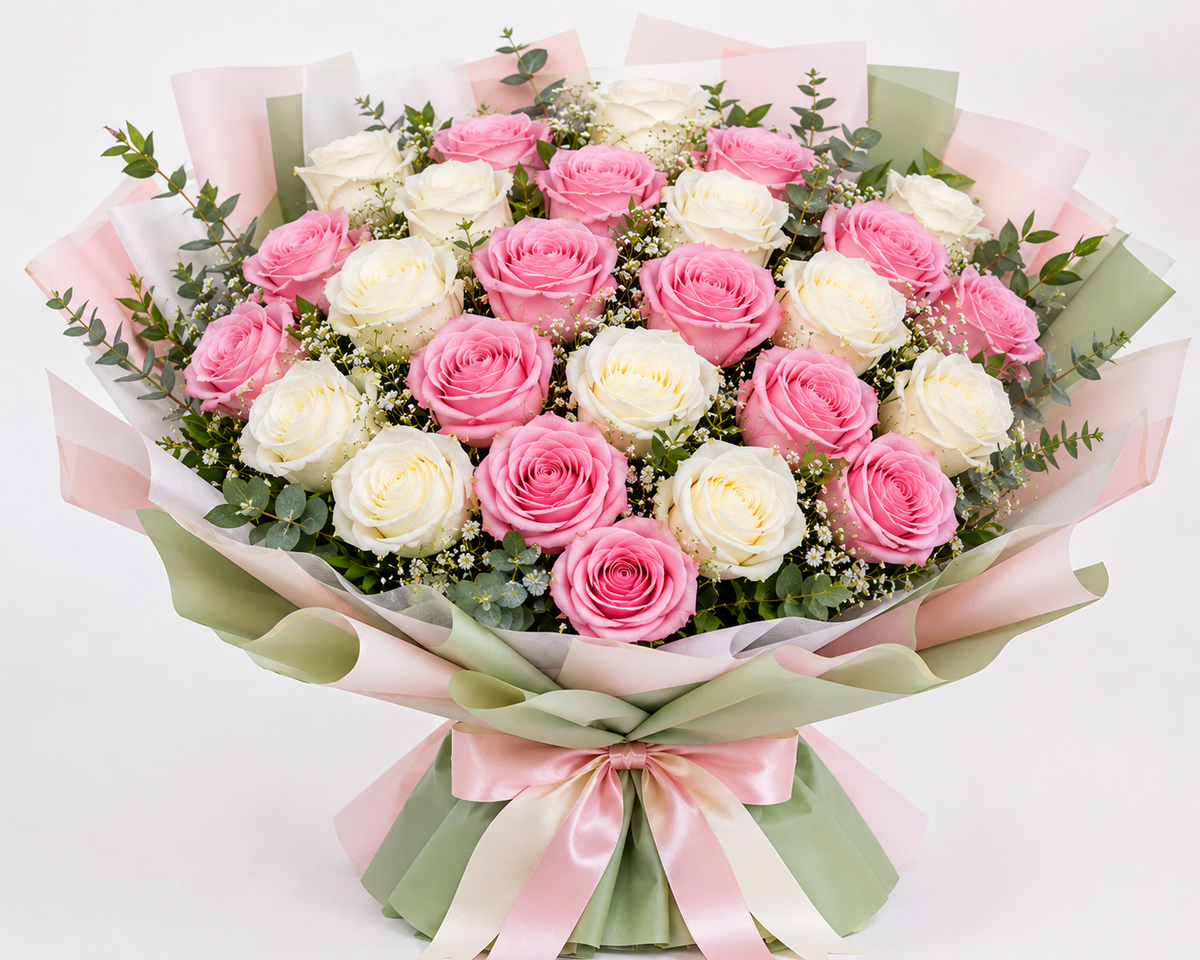 25 Pink White Roses Bouquet