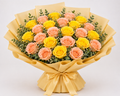 Peach and yellow rose bouquet in beige wrapping