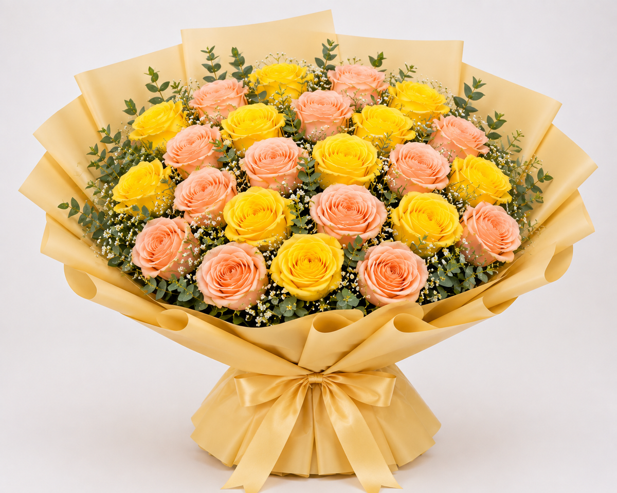 Peach and yellow rose bouquet in beige wrapping