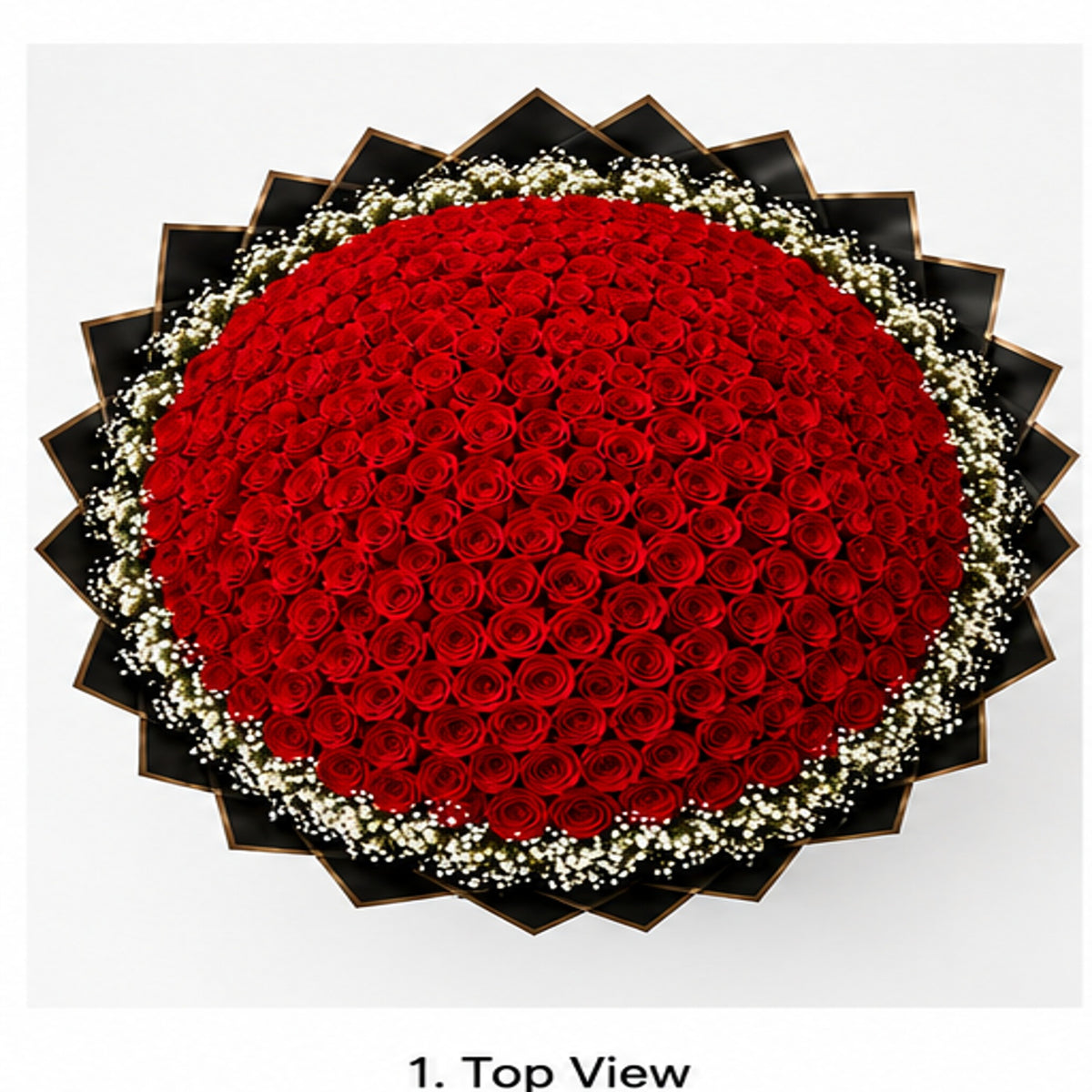 Grand 200 red rose bouquet in black starburst wrapping top view