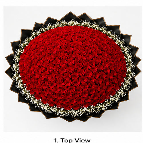 Grand 200 red rose bouquet in black starburst wrapping top view